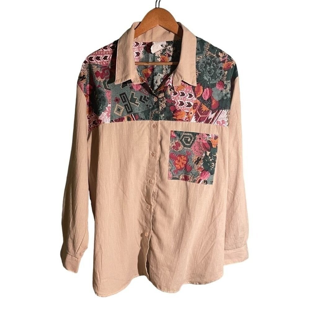 Tapestry Button Down Shirt Women 20W Tan Excellent Vintage Mixed Print Boho